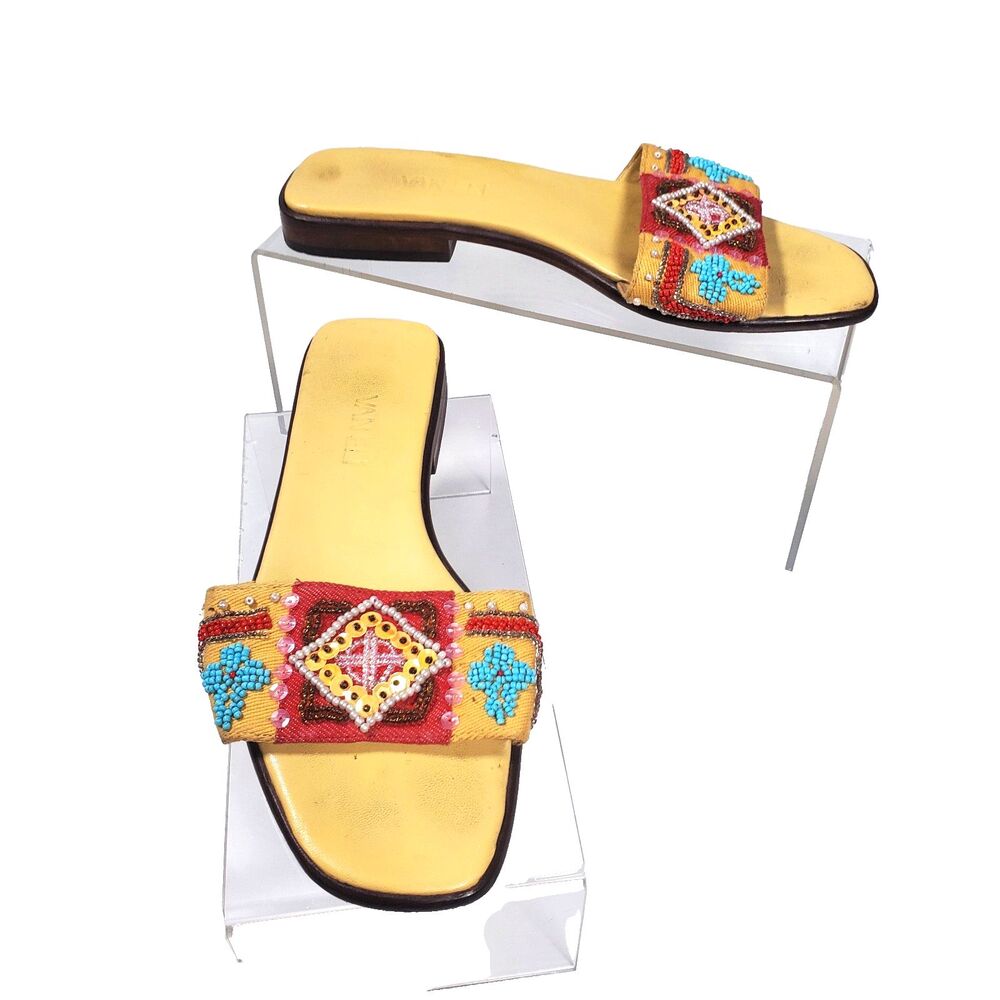 VTG Vaneli Women’s Sandals Size 7 Yellow Red Blue Beaded Slides Bohemian